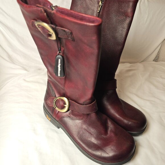 NWT Alegria Red Burgundy Leather Buckle Boots Size 38 Comfort Riding Boot - Picture 1 of 8